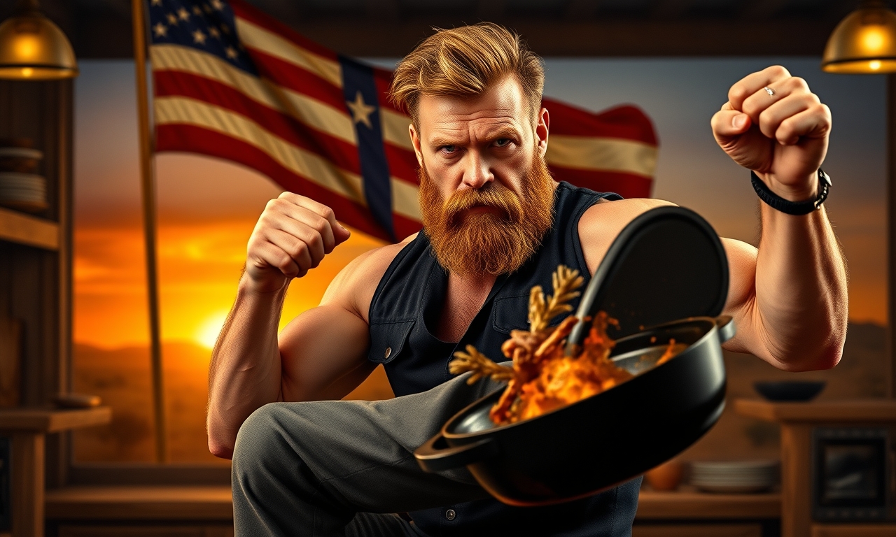 Chuck Norris kocht nach einem uralten Familienrezept. Sein Geheimtipp: Ein Roundhouse-Kick in die Pfanne, bevor er die Zutaten hinzugibt. So werden selbst verbrannte Eier zu einer kulinarischen Explosion.