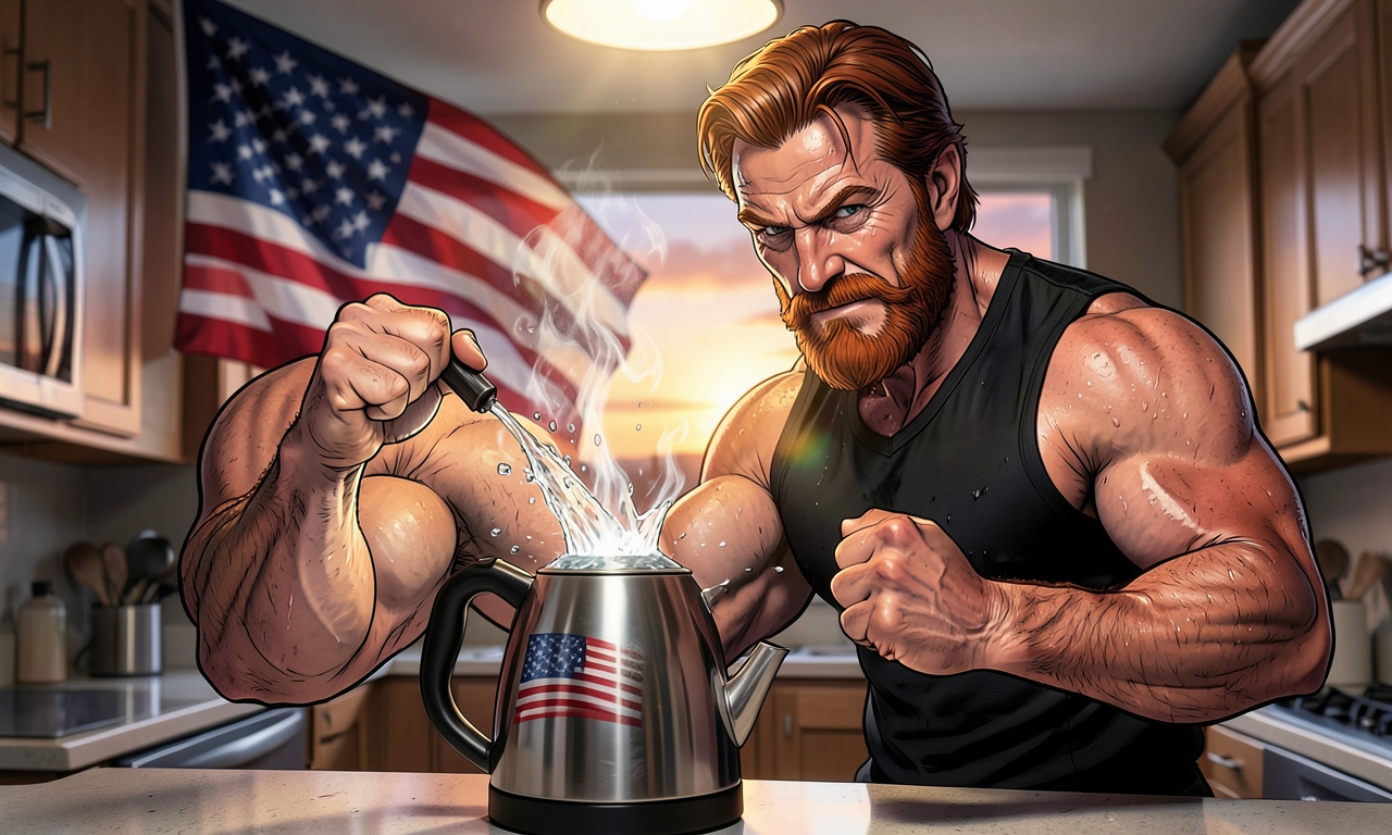 Chuck Norris betrachtet einen elektrischen Wasserkocher. Der Wasserkocher hat Angst, dass er nicht stark genug ist, und kocht von selbst, bevor Chuck Norris überhaupt den Knopf drückt.